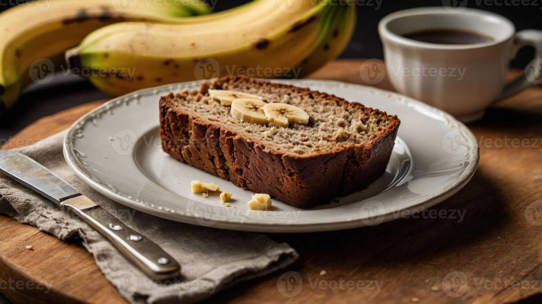 A slice of banana bread on a plate with bananas and a cup of coffee. photo