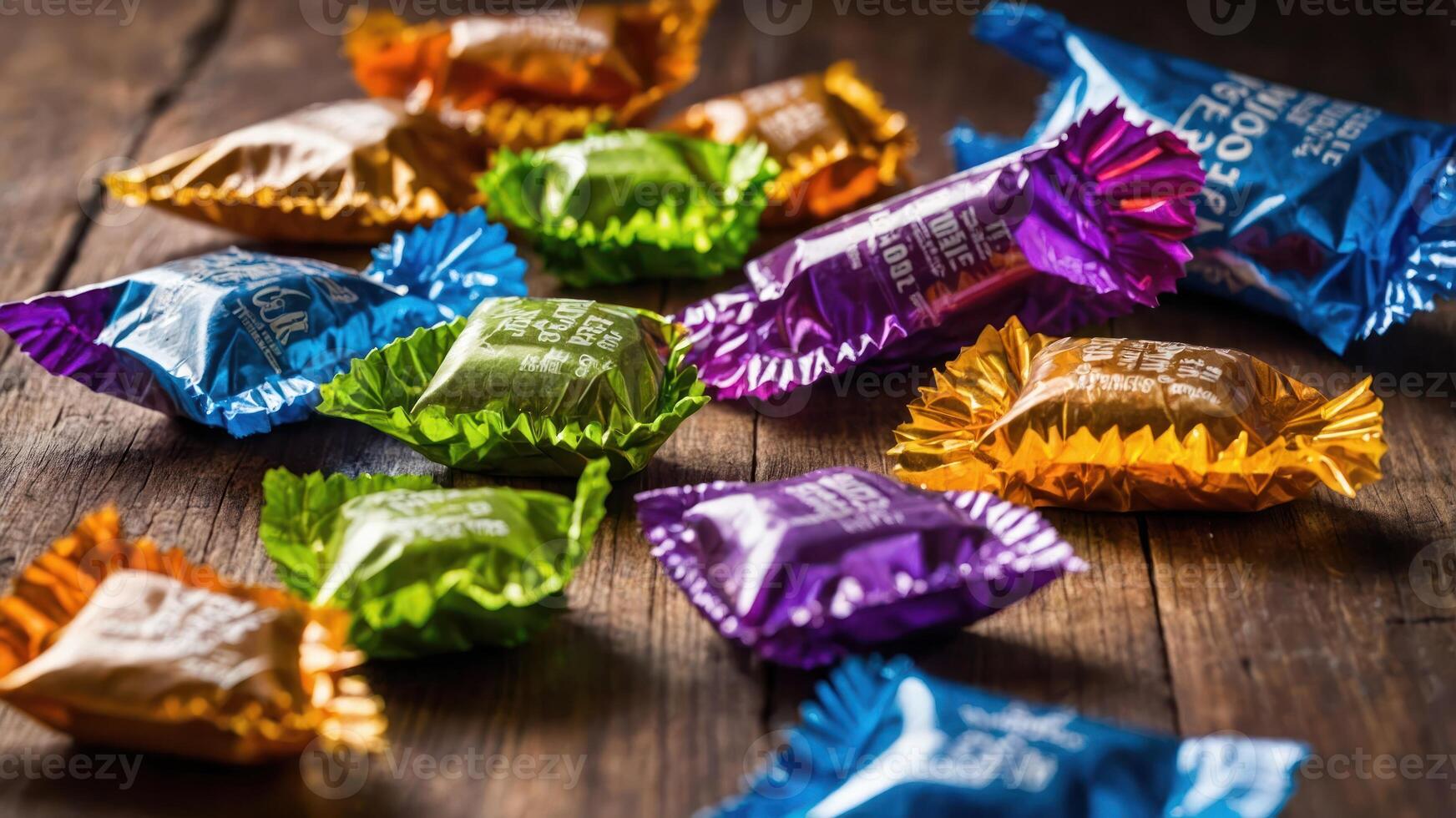 Colorful wrapped candies scattered on a wooden surface, inviting and sweet. photo