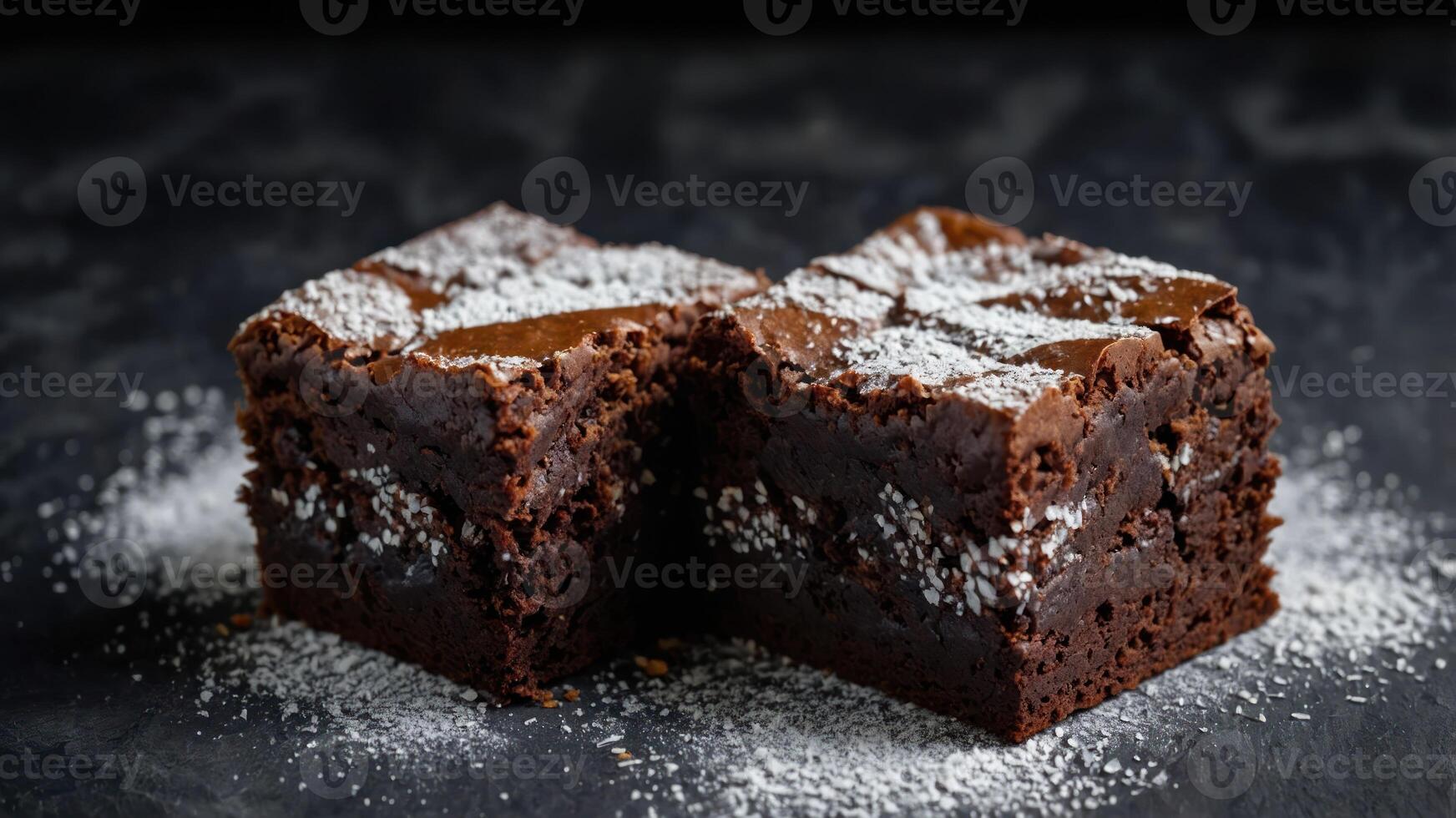 Two rich chocolate brownies dusted with powdered sugar on a dark surface. photo