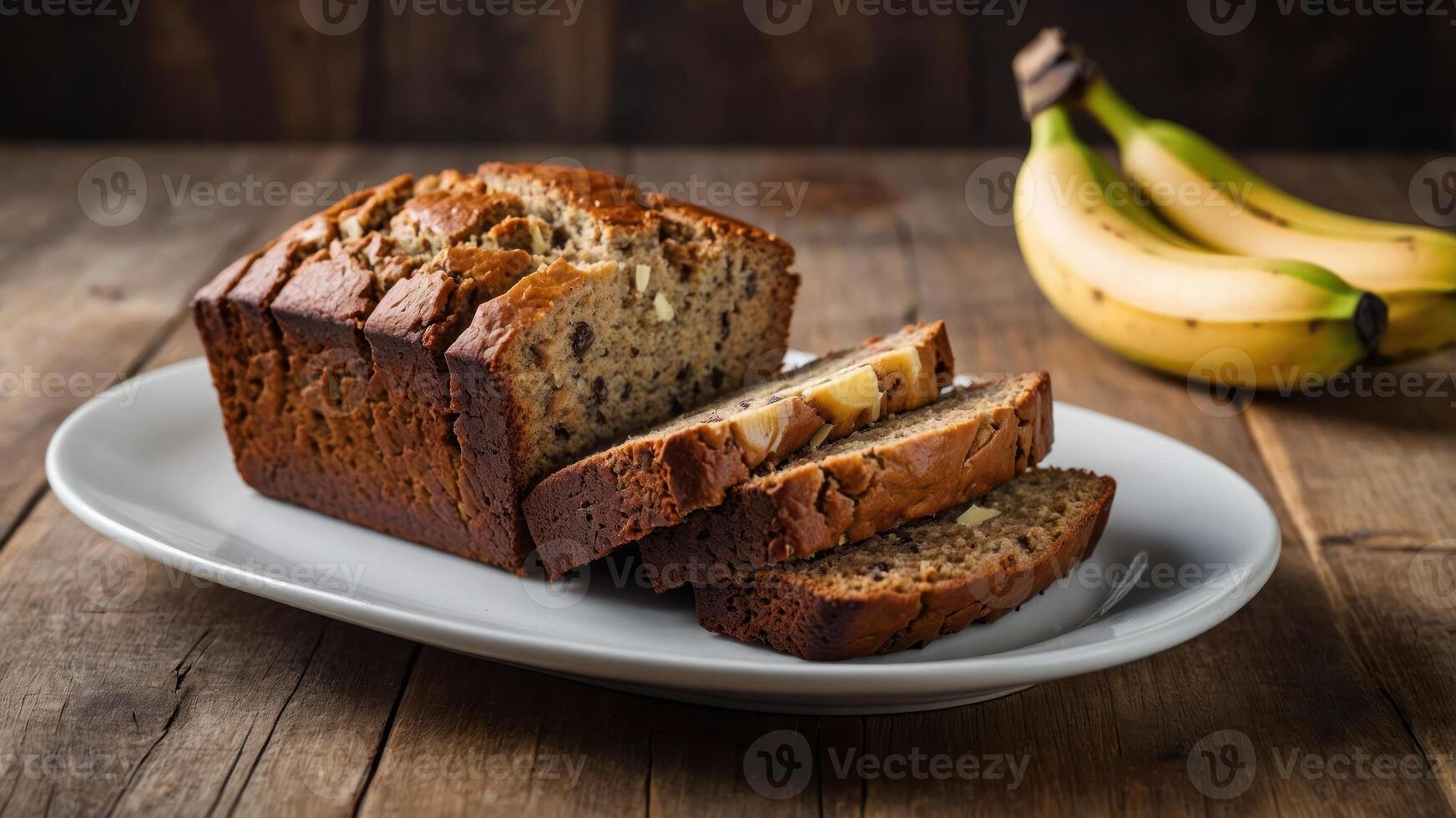 A sliced loaf of banana bread on a plate, accompanied by whole bananas. photo