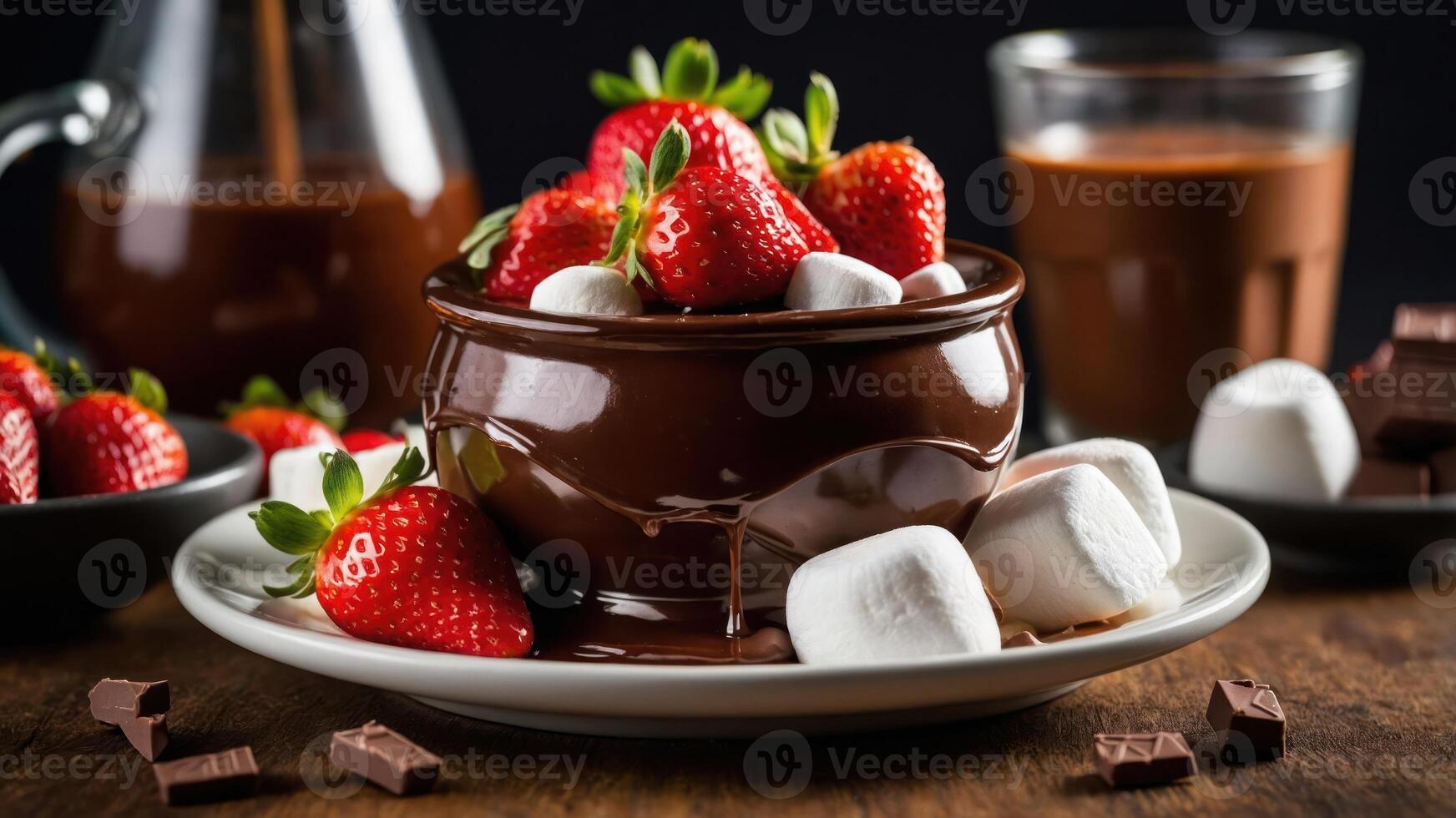 A delicious chocolate fondue served with strawberries and marshmallows for dipping. photo