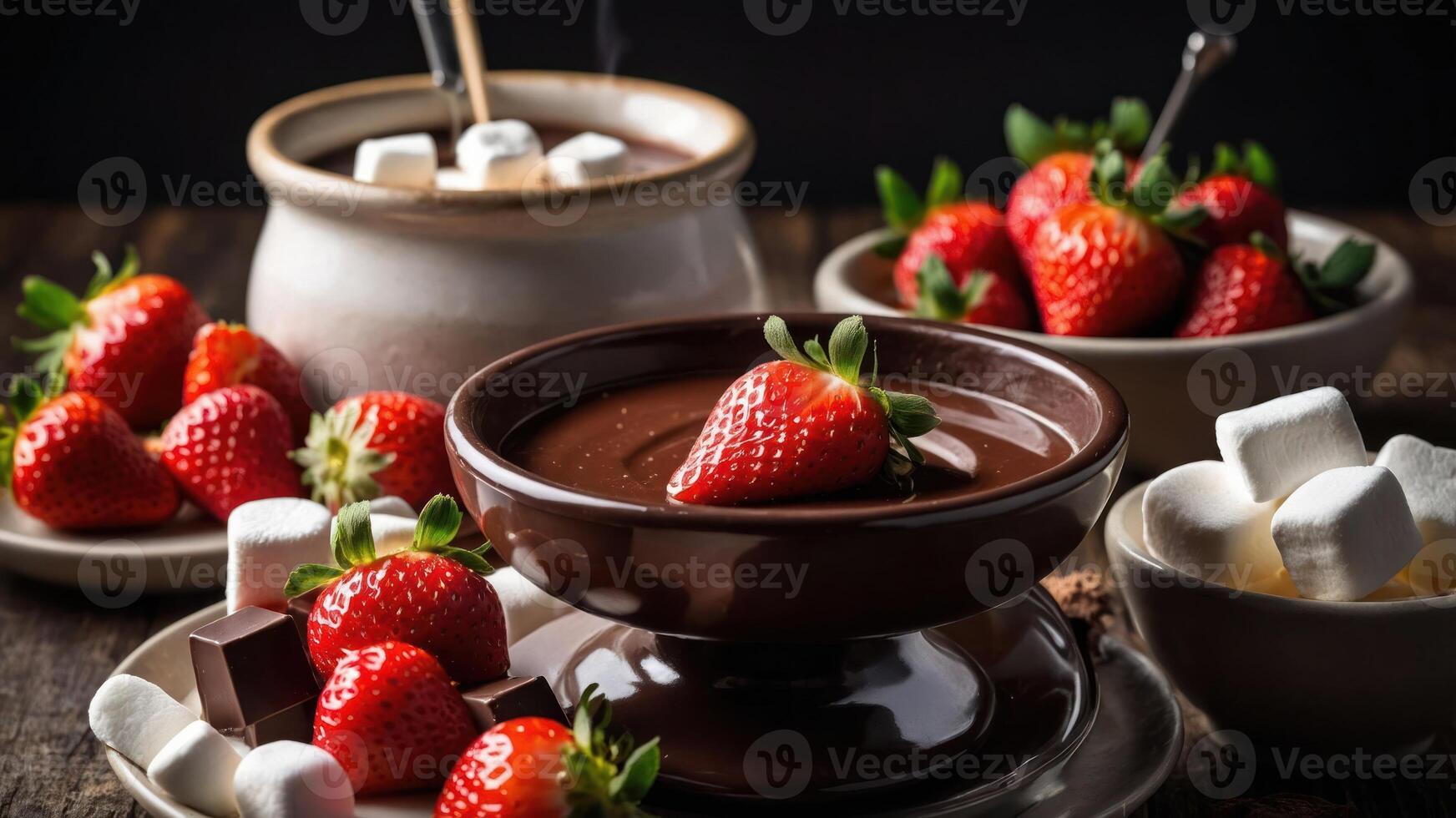 A cozy dessert scene featuring chocolate fondue, strawberries, and marshmallows. photo
