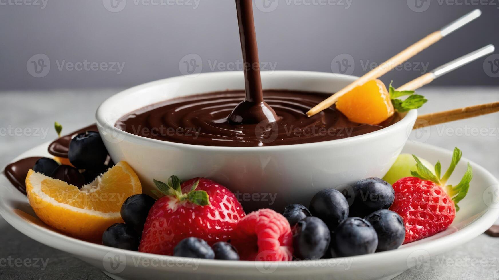 A bowl of chocolate fondue surrounded by fresh fruits for dipping. photo