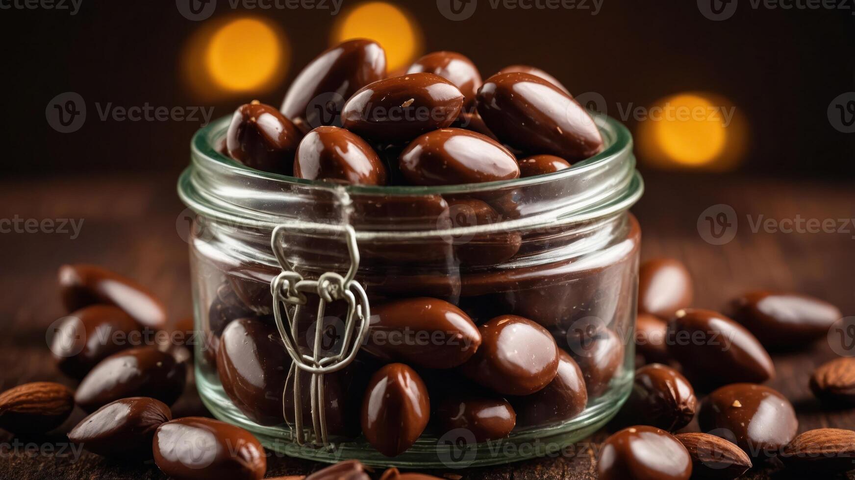A glass jar filled with chocolate-covered almonds, surrounded by scattered almonds and warm lights. photo
