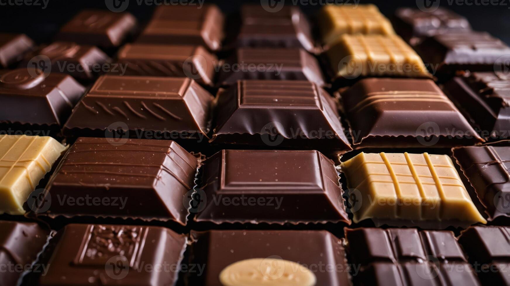 A close-up of assorted chocolates arranged neatly, showcasing various shapes and textures. photo