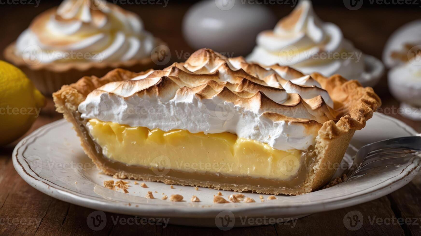A slice of lemon meringue pie showcasing creamy filling and fluffy meringue topping. photo
