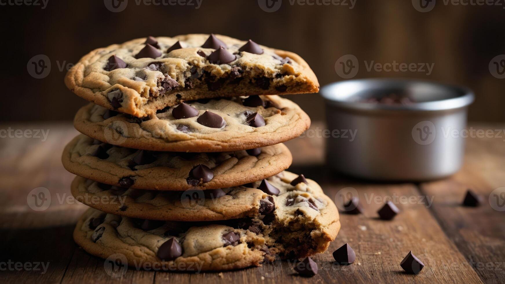 A stack of chocolate chip cookies on a wooden surface, with chocolate chips and a container nearby. photo