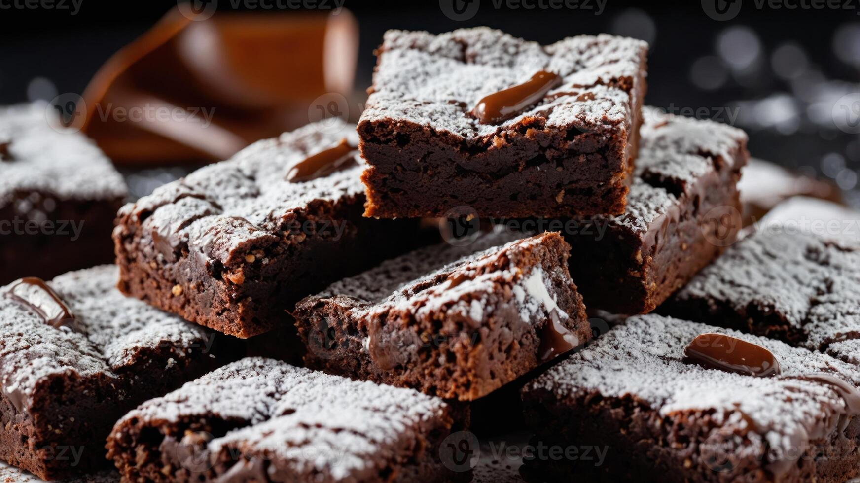 A tempting stack of chocolate brownies dusted with powdered sugar. photo