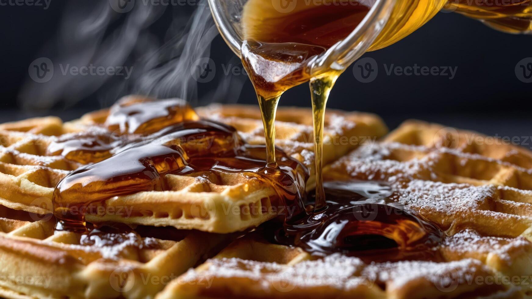 A close-up of waffles being drizzled with syrup, showcasing a delicious breakfast treat. photo