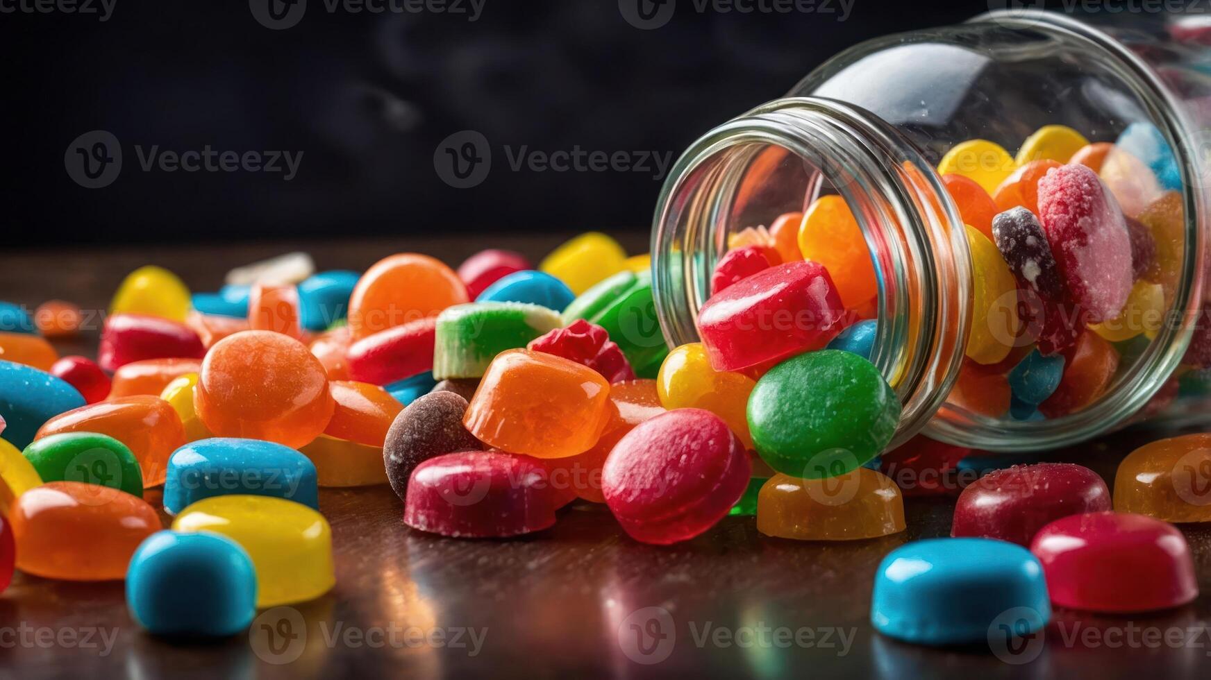 A jar spilled with colorful candies on a wooden surface, creating a vibrant scene. photo