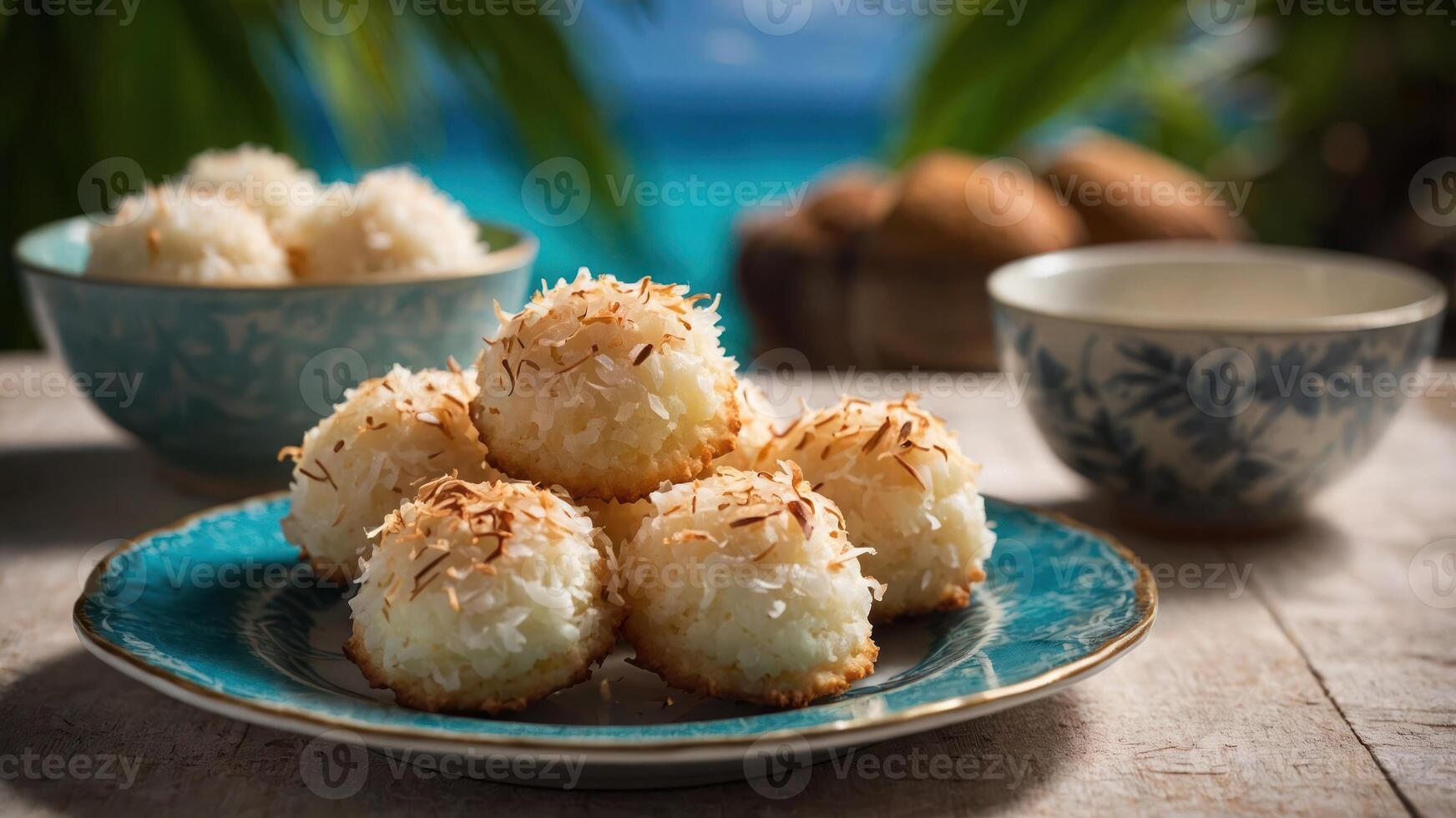 A plate of toasted coconut macaroons set against a tropical background. photo