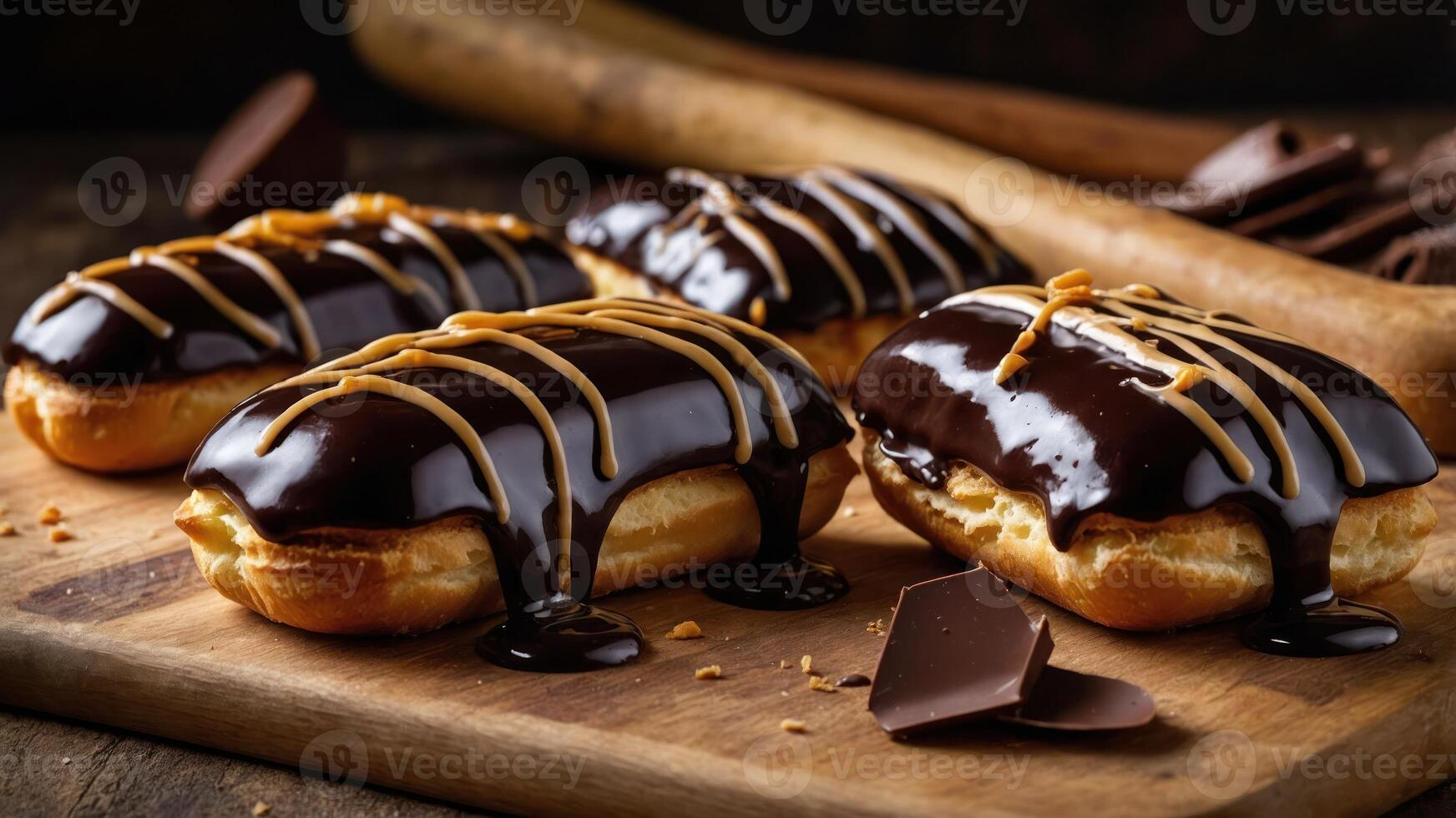 A tempting display of chocolate-covered eclairs drizzled with caramel on a wooden board. photo