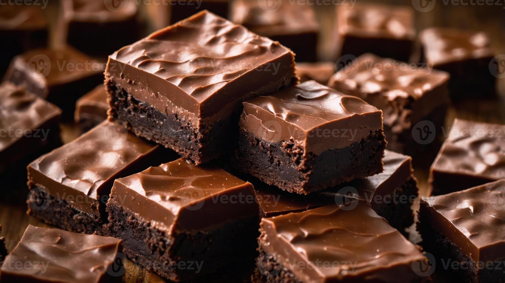 A tempting display of chocolate brownies with a glossy frosting, perfect for dessert lovers. photo