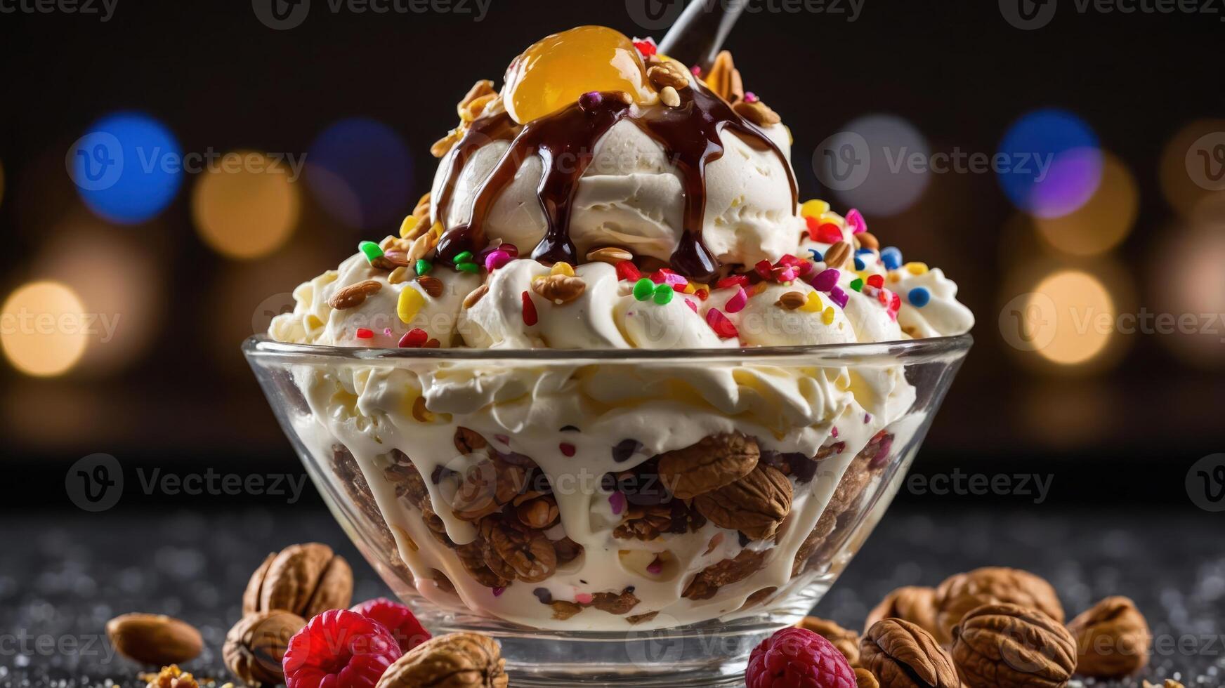 A delicious ice cream sundae topped with nuts, sprinkles, and a cherry in a glass bowl. photo