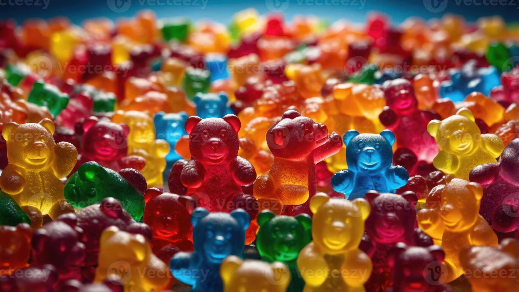 A colorful assortment of gummy bear candies in various shapes and colors. photo