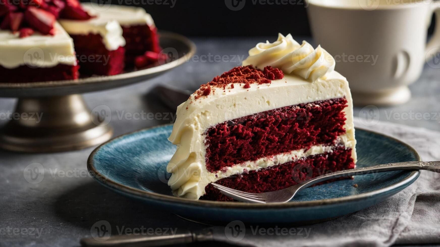 A slice of red velvet cake with cream frosting on a blue plate, served with a fork. photo