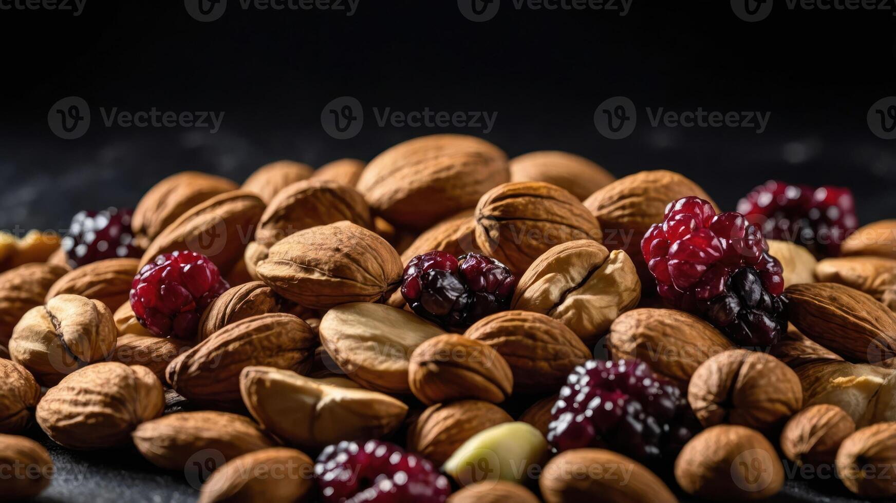 A close-up of assorted nuts and dried berries on a dark surface, highlighting their textures. photo