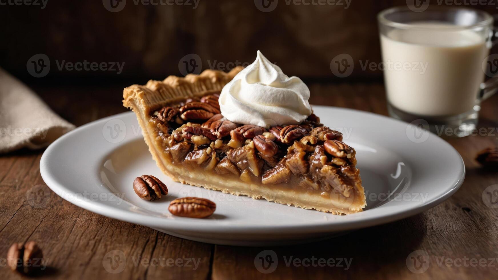 A slice of pecan pie topped with whipped cream, accompanied by a glass of milk. photo