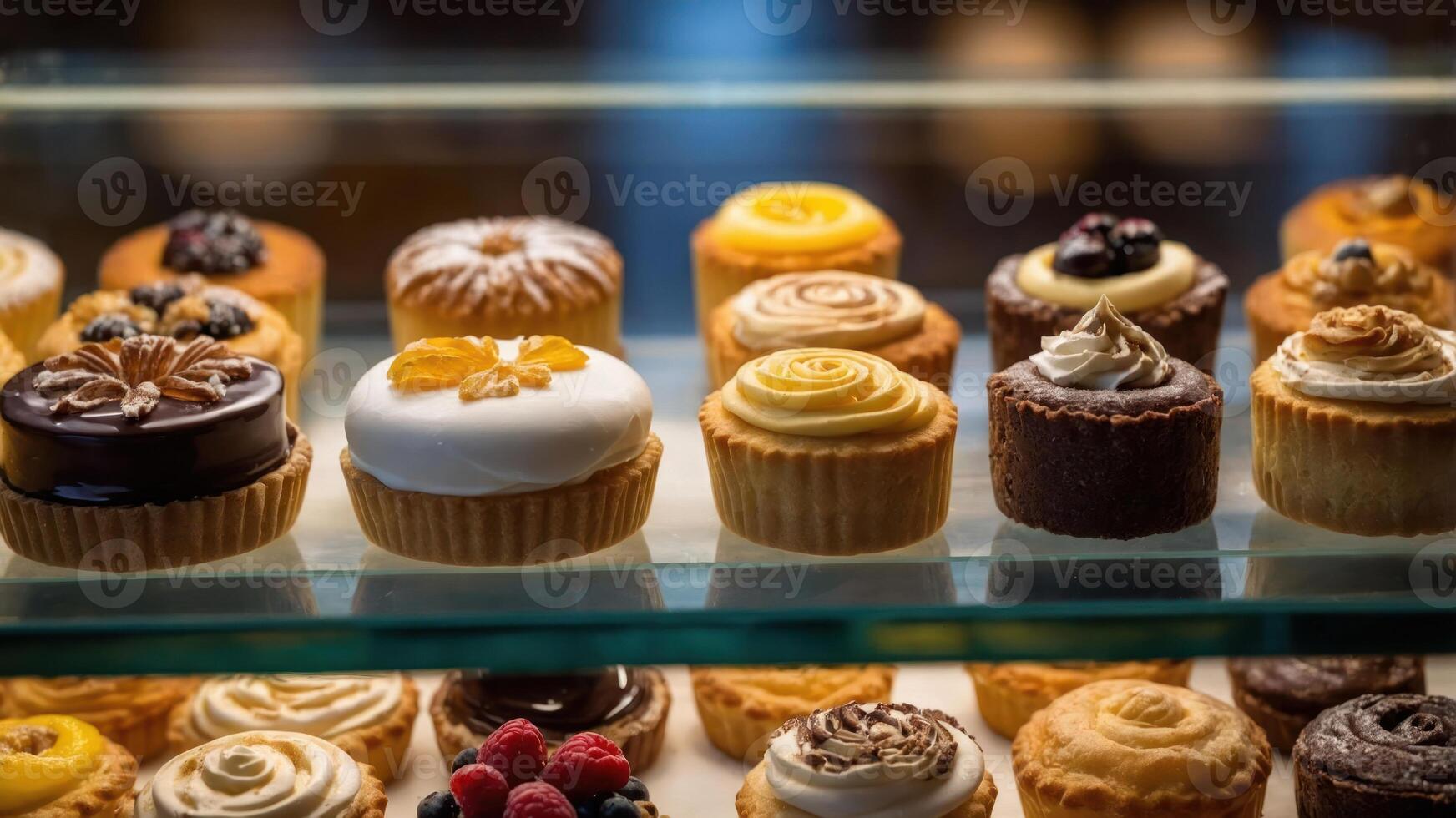 A display of assorted desserts in a pastry case, showcasing various cakes and pastries. photo