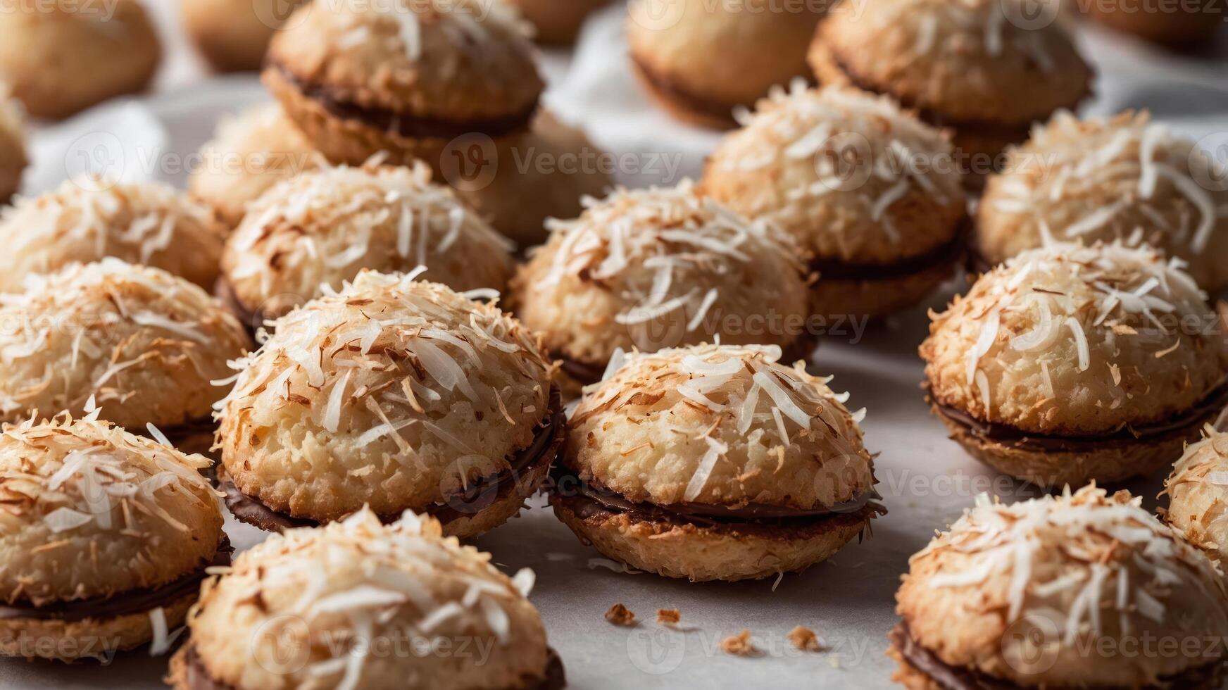 A close-up of freshly baked coconut macaroons with toasted coconut flakes on top. photo