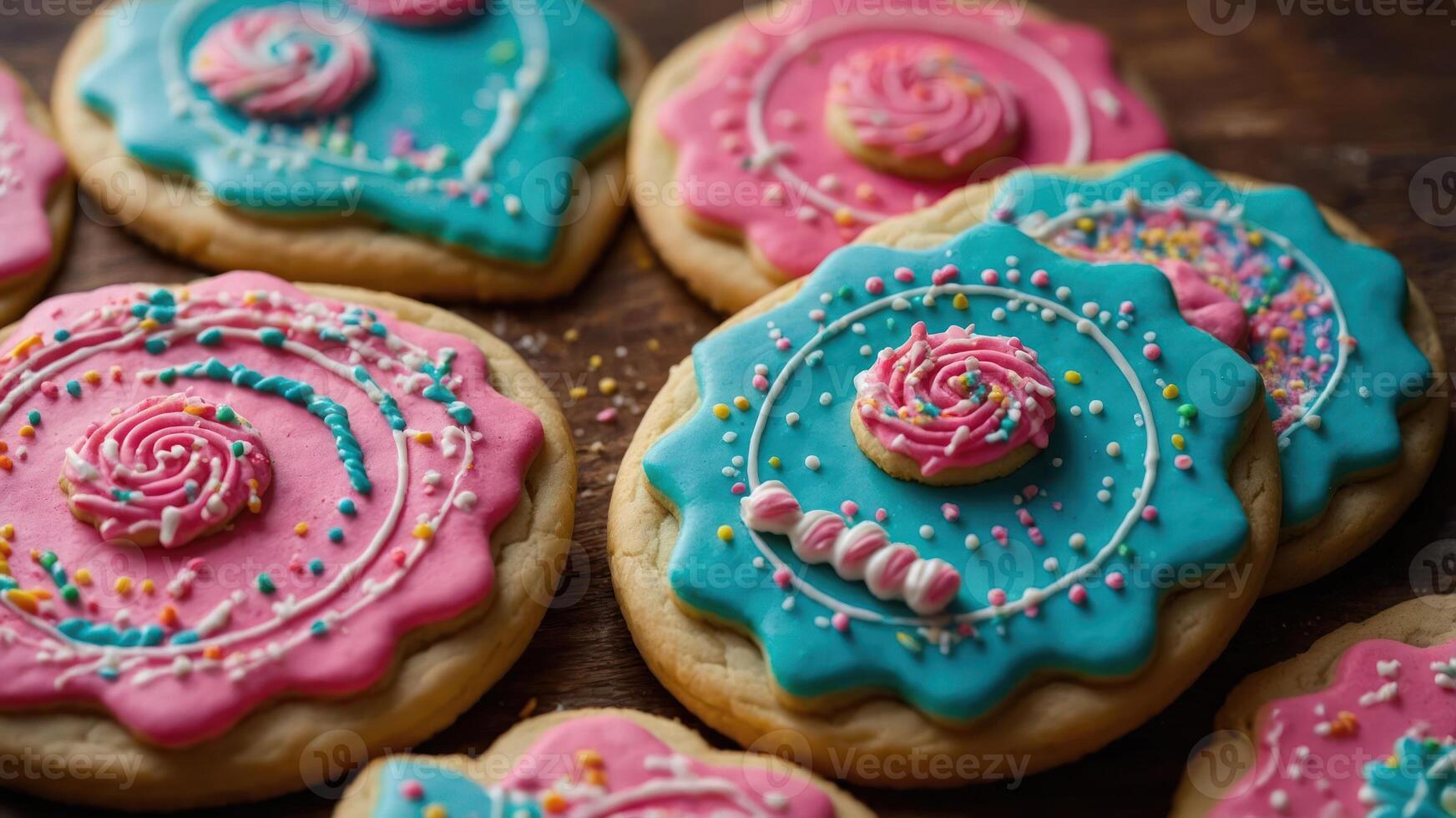Colorful decorated cookies with pink and blue icing, perfect for celebrations. photo