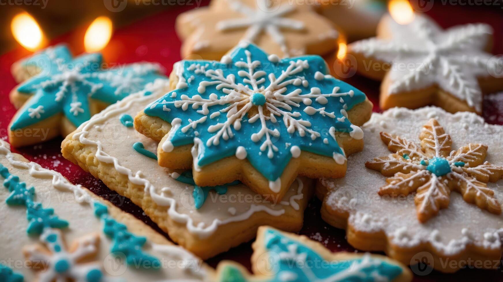 A festive arrangement of beautifully decorated snowflake cookies on a red background. photo