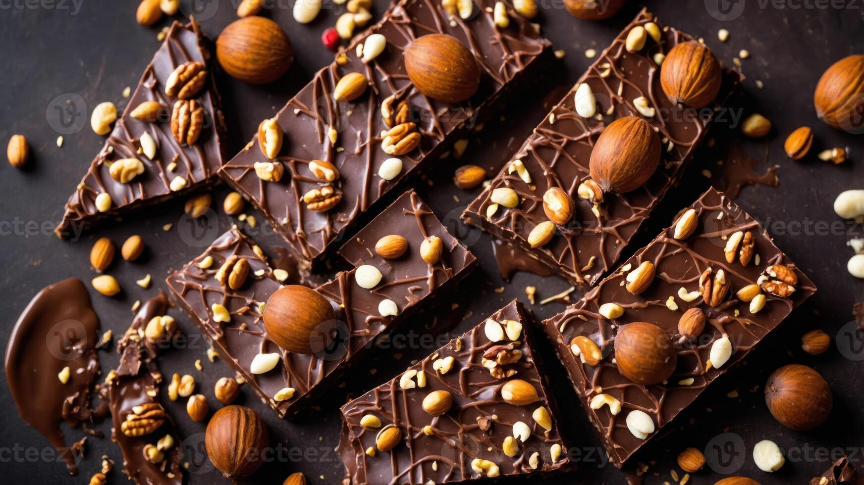 A tempting assortment of chocolate bars topped with nuts and drizzled with chocolate. photo