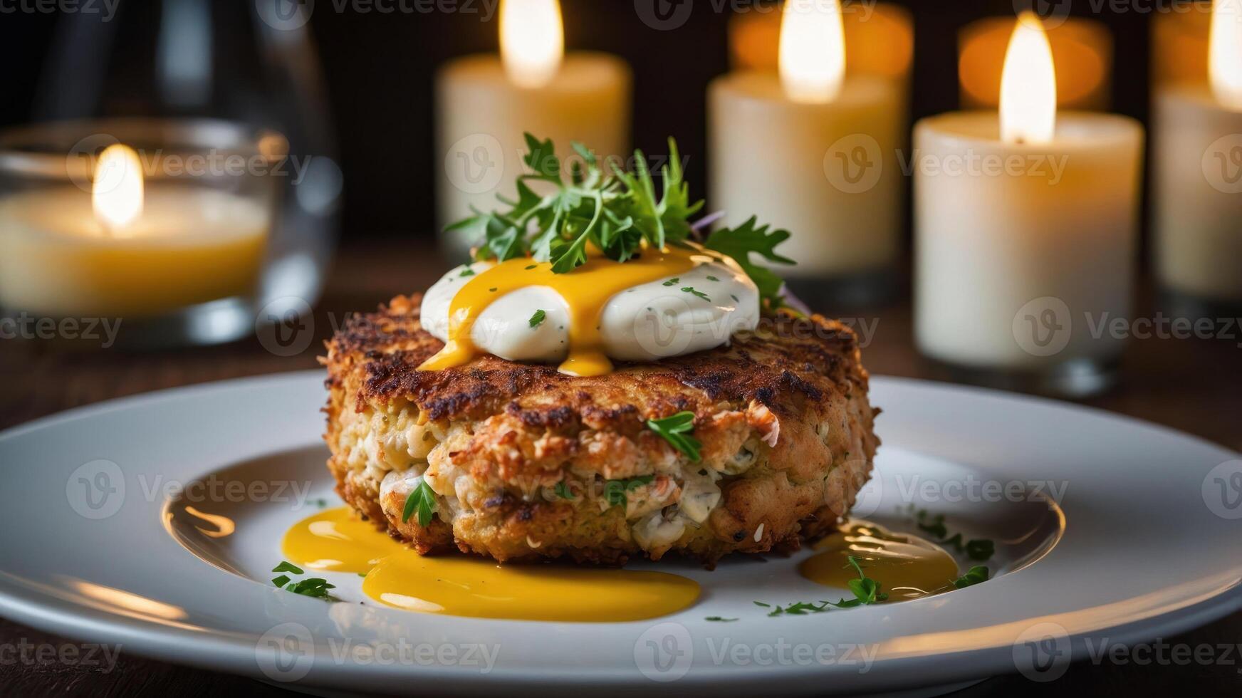 A beautifully plated crab cake topped with sauce and garnished, surrounded by candles. photo