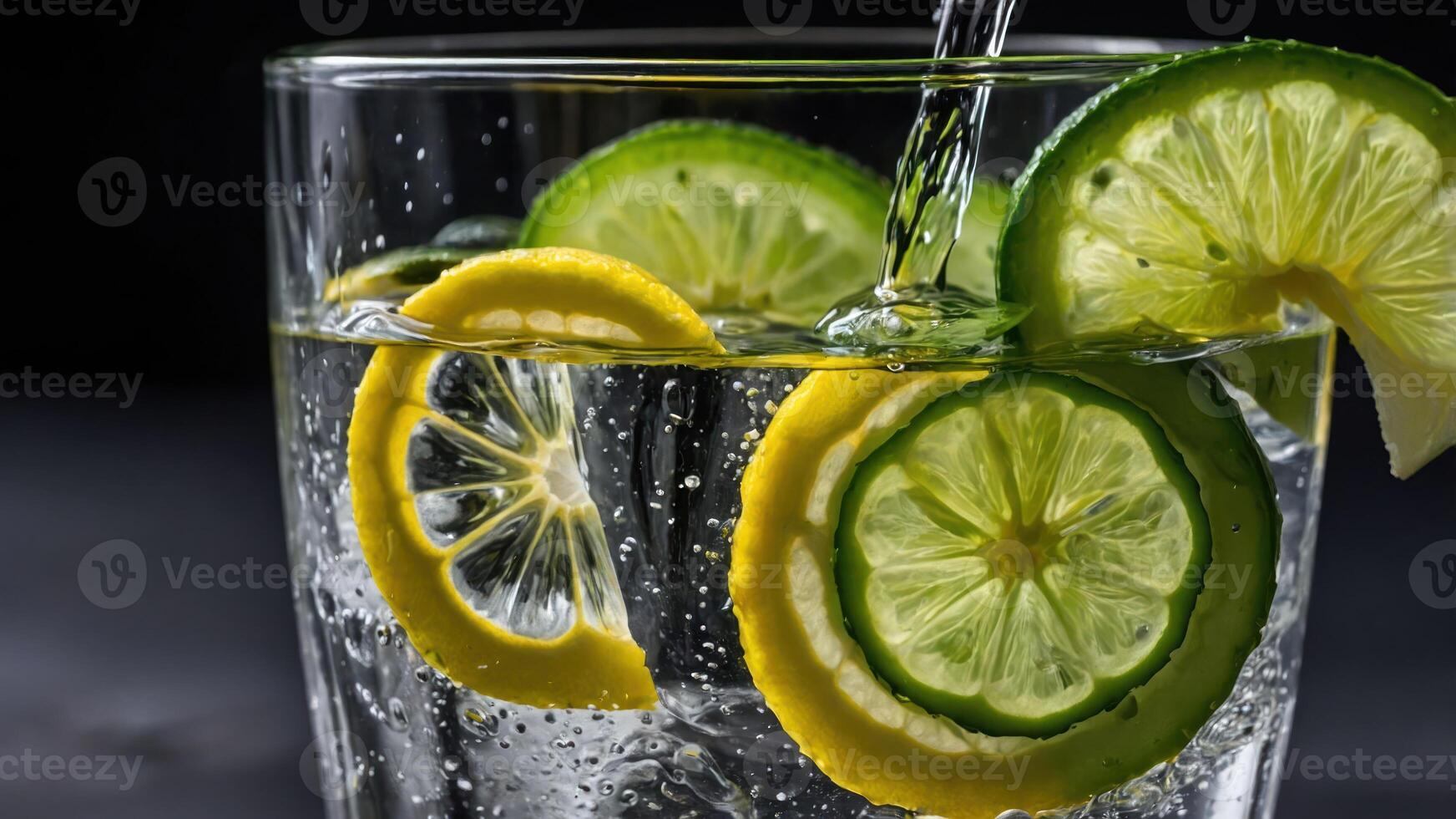 A refreshing glass of water with lemon and lime slices, showcasing bubbles and freshness. photo