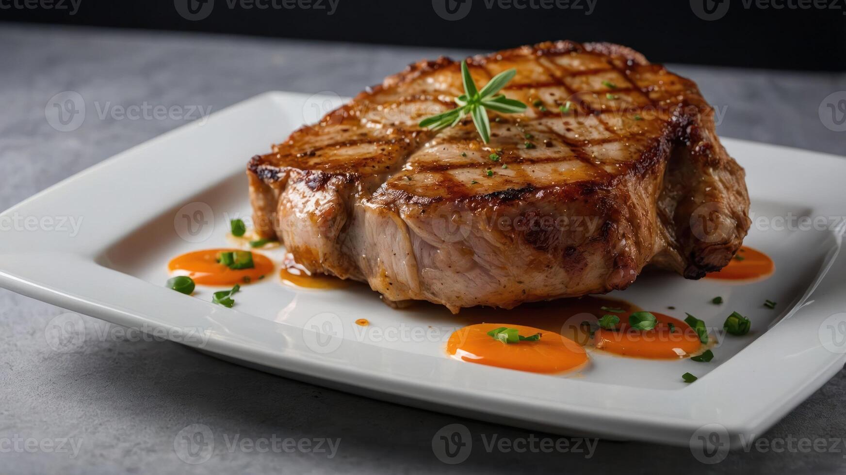 A beautifully plated grilled pork chop garnished with sauce and herbs. photo