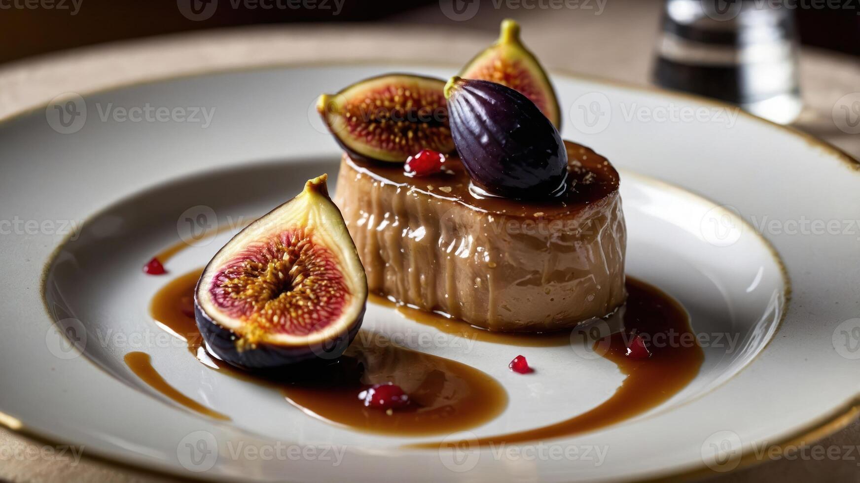 A gourmet dessert featuring a creamy base topped with fresh figs and a rich sauce. photo