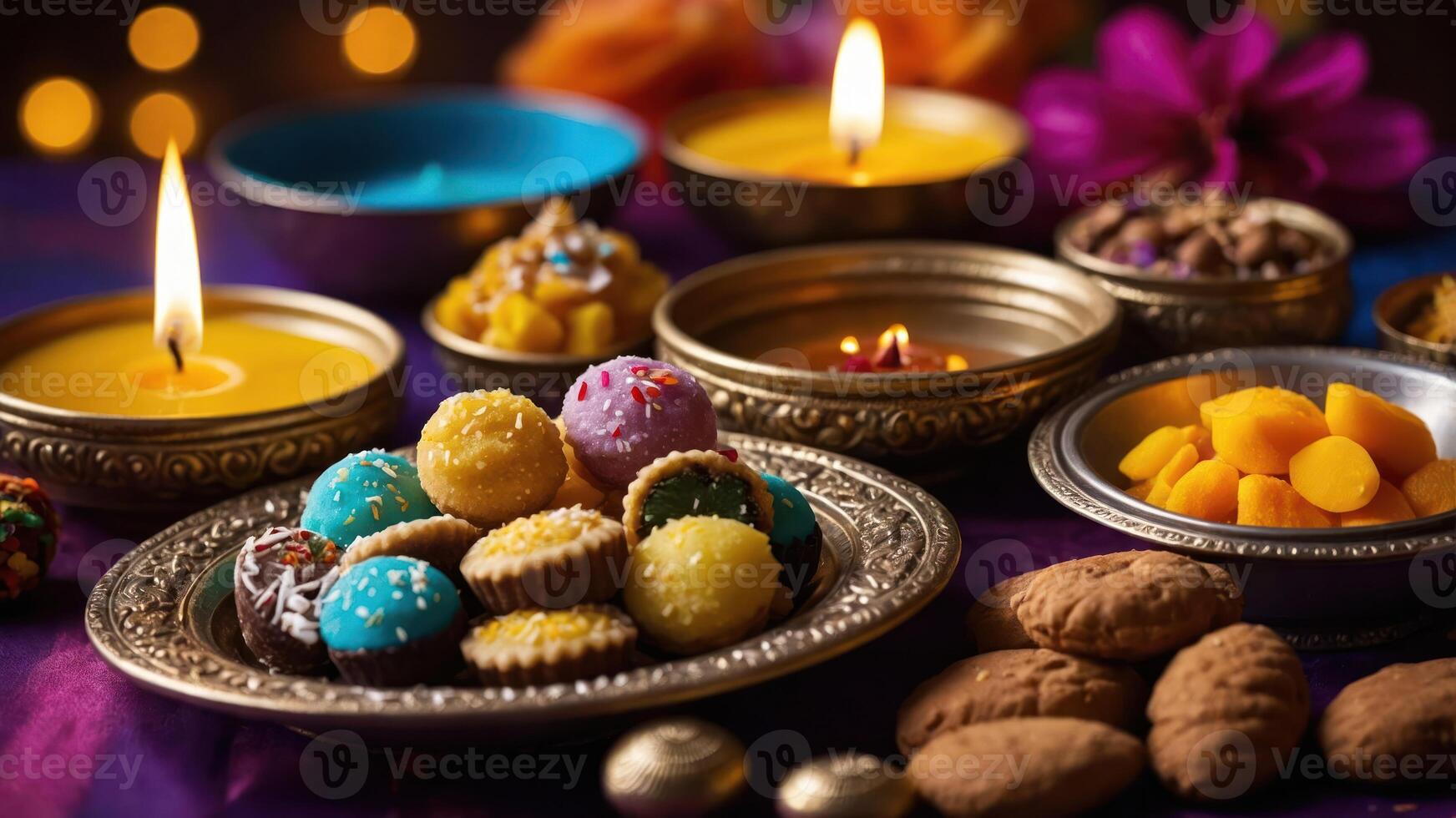 A festive display of colorful sweets and traditional lamps for celebration. photo