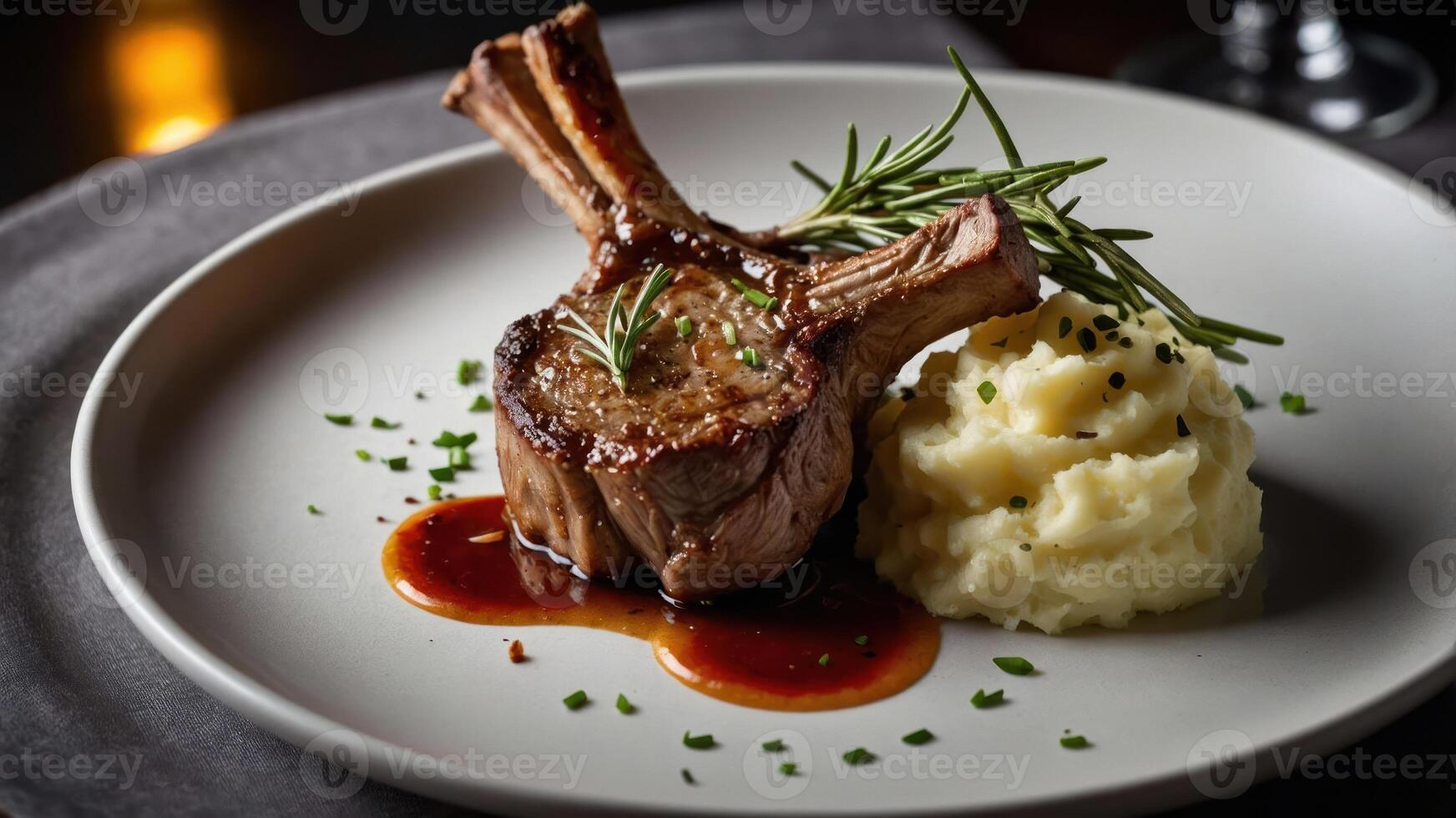 A gourmet dish featuring a lamb chop, mashed potatoes, and garnishes on a white plate. photo