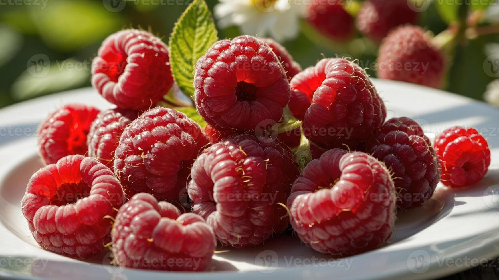 A plate of fresh, ripe raspberries with green leaves, showcasing their vibrant color and texture. photo