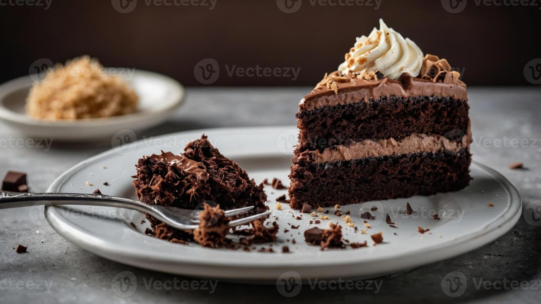 A slice of rich chocolate cake with frosting, served on a plate with a fork. photo
