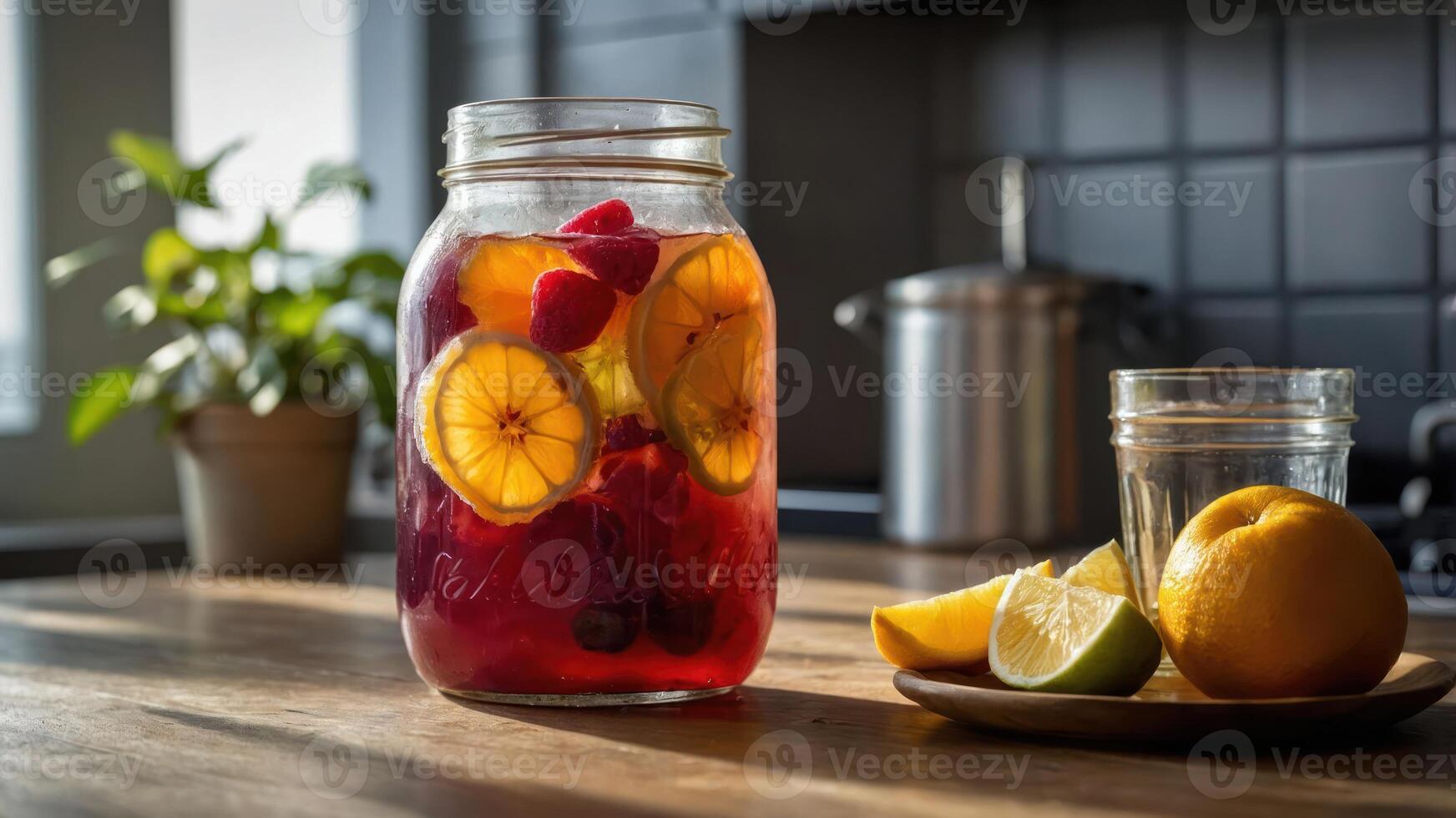 A refreshing fruit-infused drink in a jar with citrus and berries on a wooden table. photo