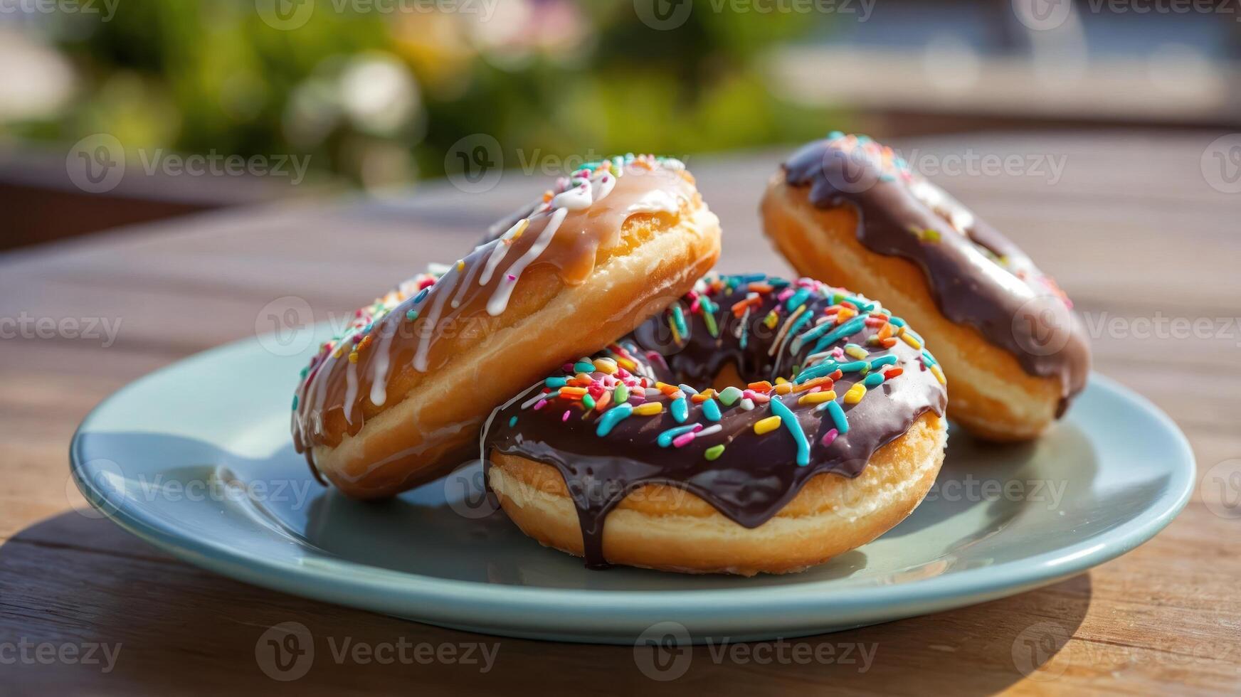 A plate of colorful donuts with sprinkles and icing, perfect for a sweet treat. photo