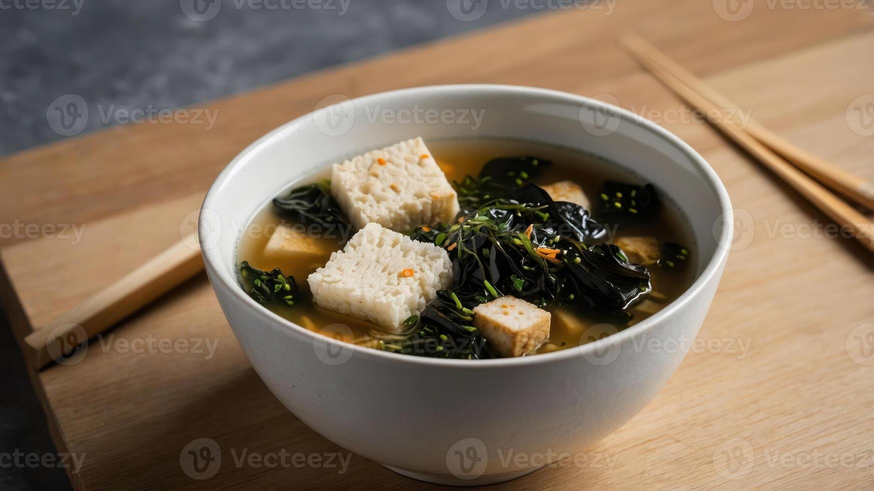 A bowl of soup with tofu and seaweed, served on a wooden surface with chopsticks. photo