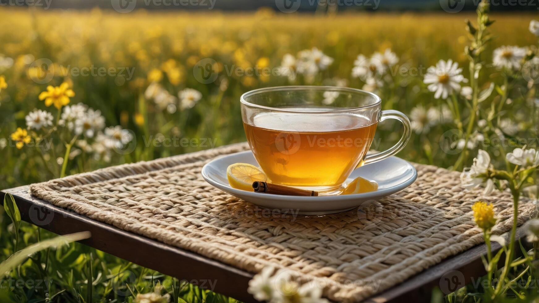 A cup of tea with lemon on a woven tray amidst a vibrant flower field. photo