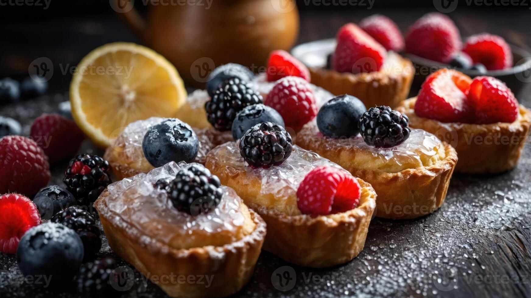 A tempting display of assorted pastries topped with berries and lemon. photo