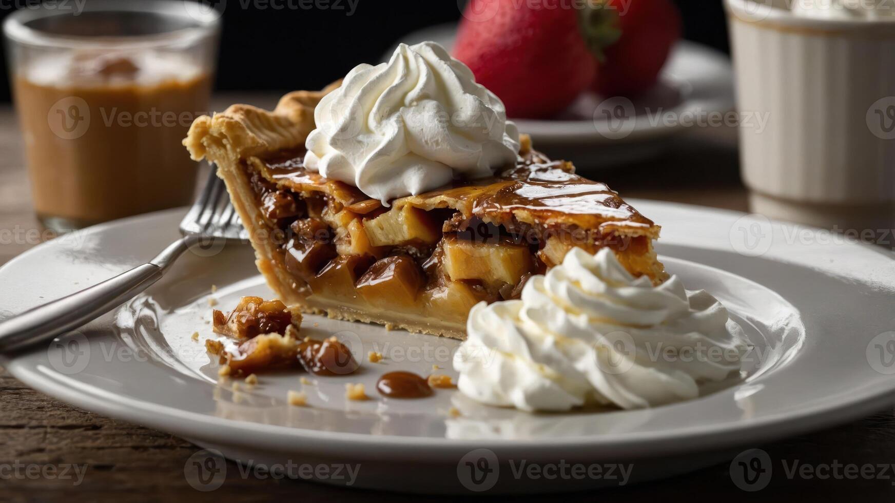 A slice of pie with whipped cream, served with strawberries and a dessert in a glass. photo