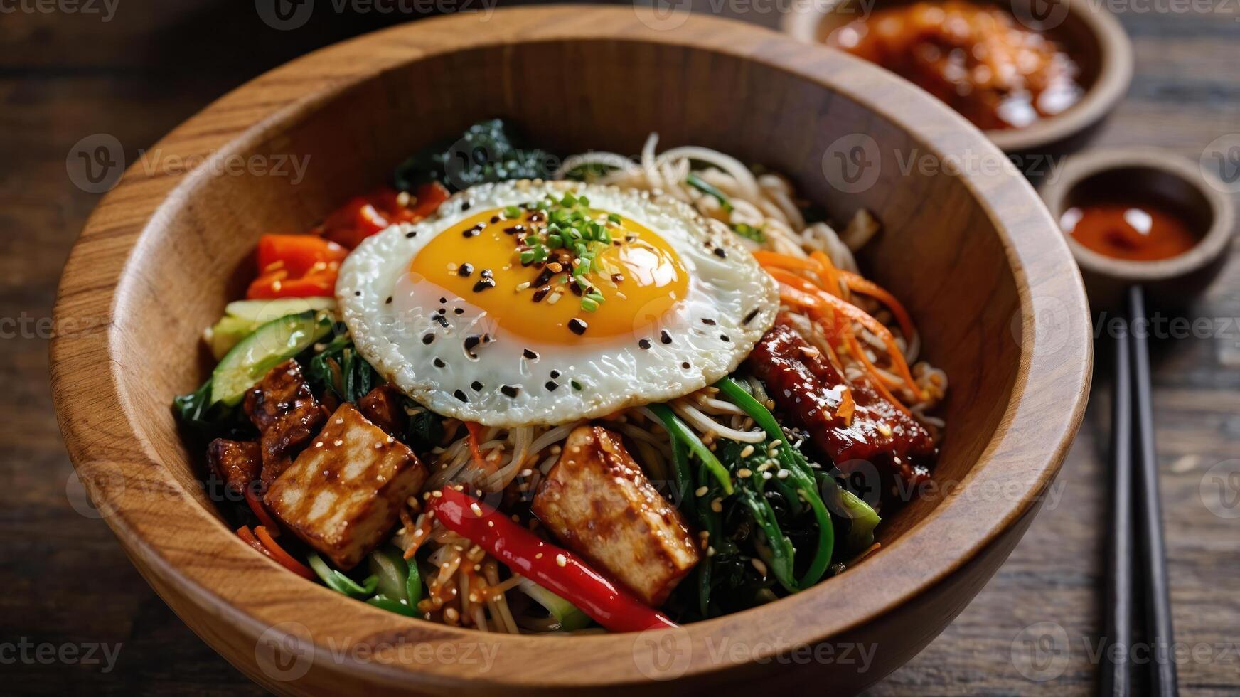 A vibrant bowl of noodles topped with a fried egg and vegetables, showcasing a delicious meal. photo