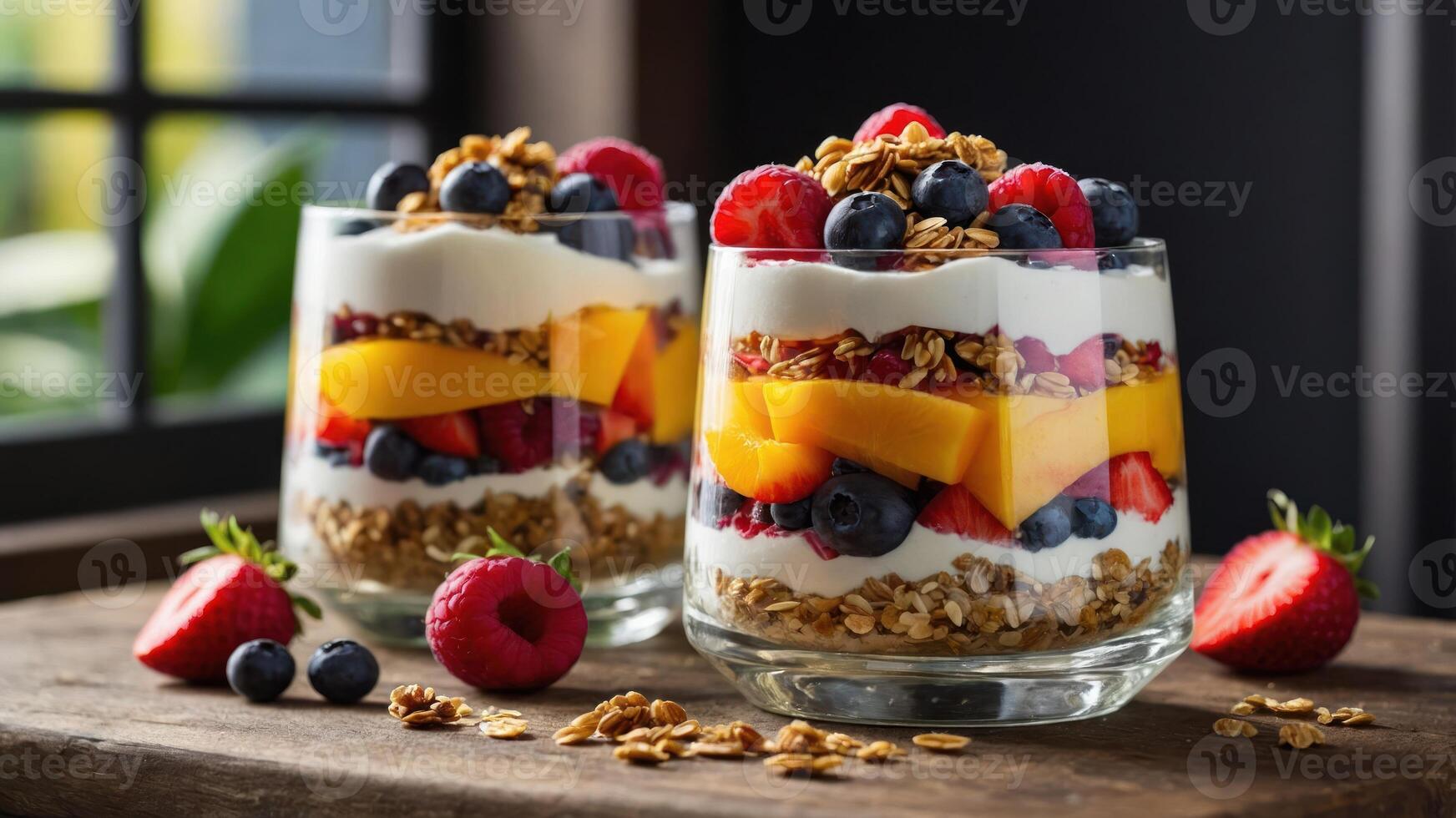 Two parfaits layered with yogurt, fruits, and granola, served in clear glasses on a wooden table. photo