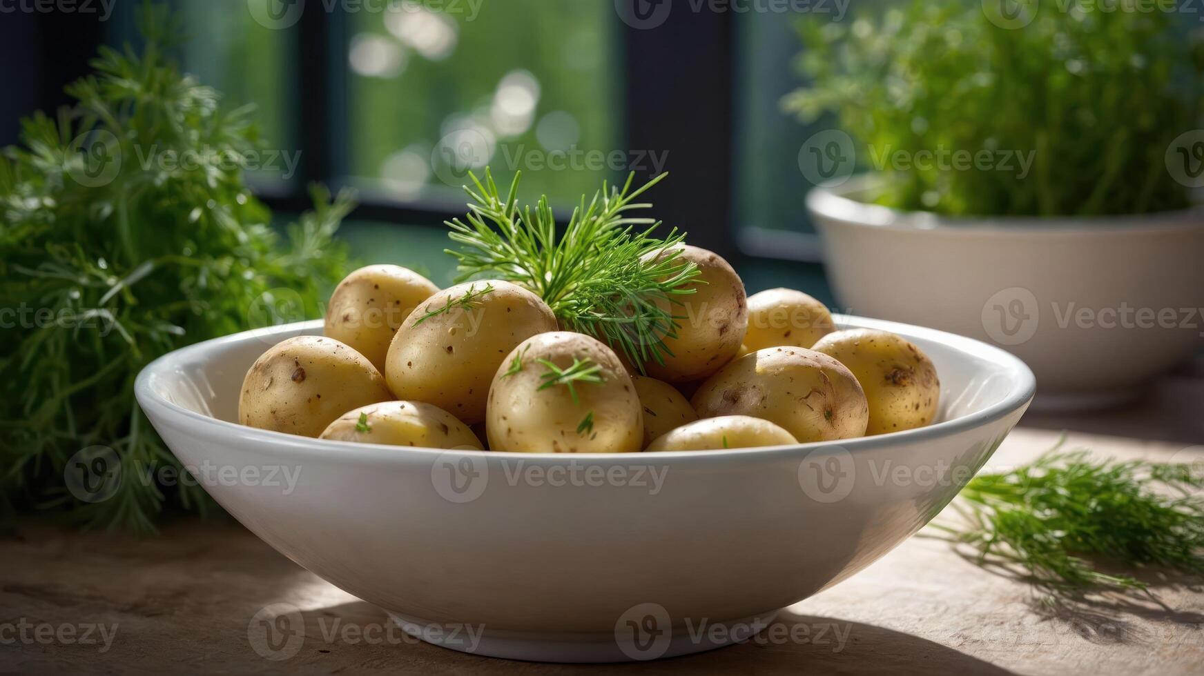 A bowl of fresh, small potatoes garnished with herbs, set in a natural light environment. photo