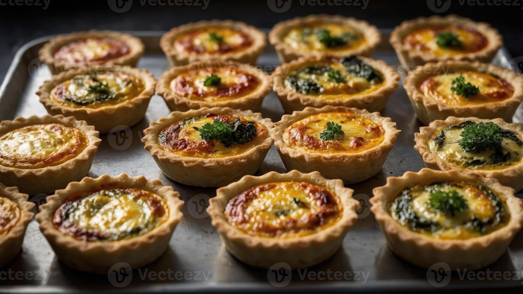 A tray of assorted mini quiches with various fillings, garnished with green herbs. photo