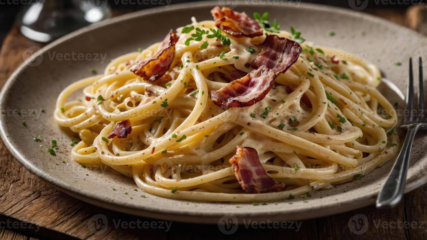 A plate of creamy pasta topped with crispy bacon and chives, served elegantly. photo