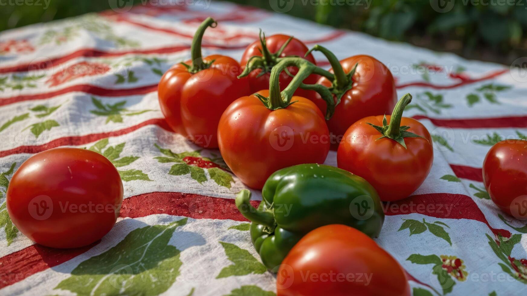 A collection of ripe red tomatoes and a green pepper on a patterned tablecloth. photo