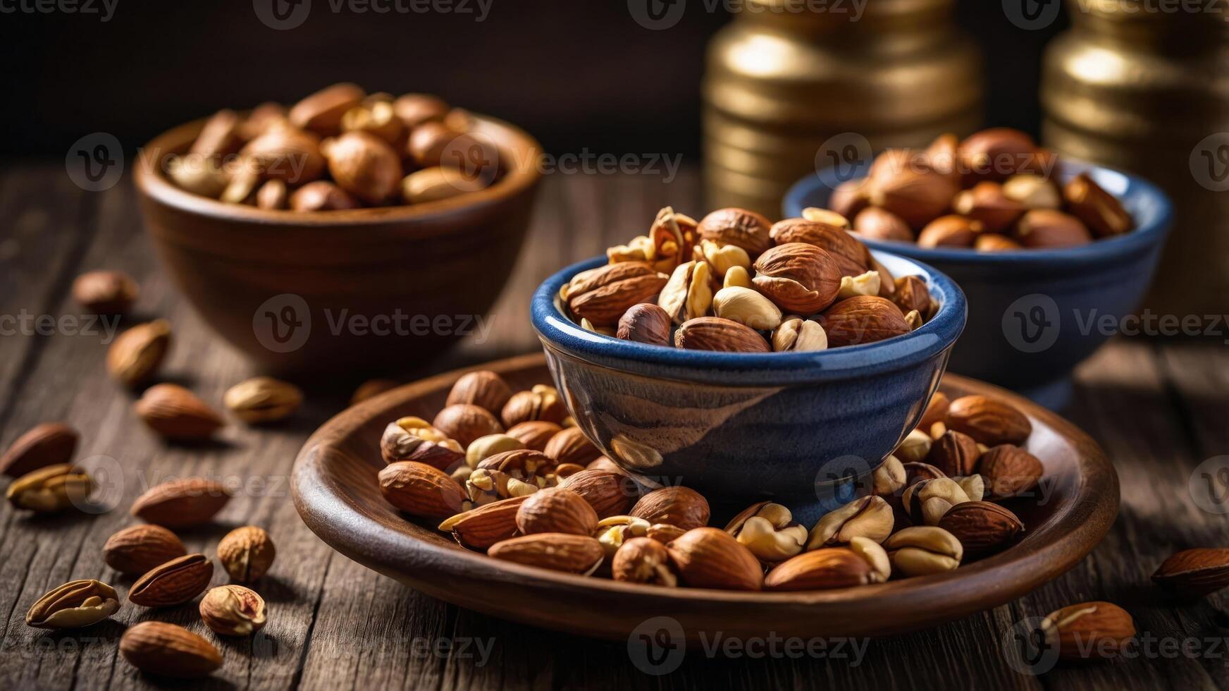 A collection of assorted nuts in bowls, showcasing a variety of textures and colors. photo
