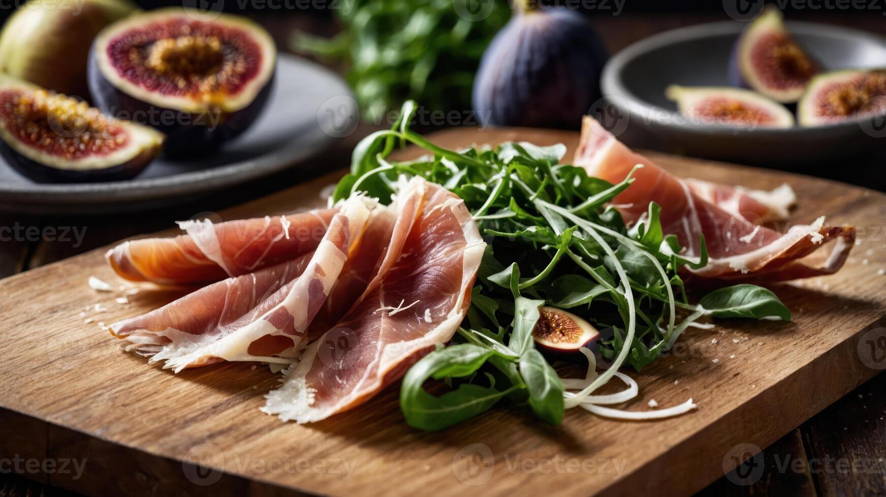 A gourmet platter featuring prosciutto, arugula, and figs on a wooden board. photo