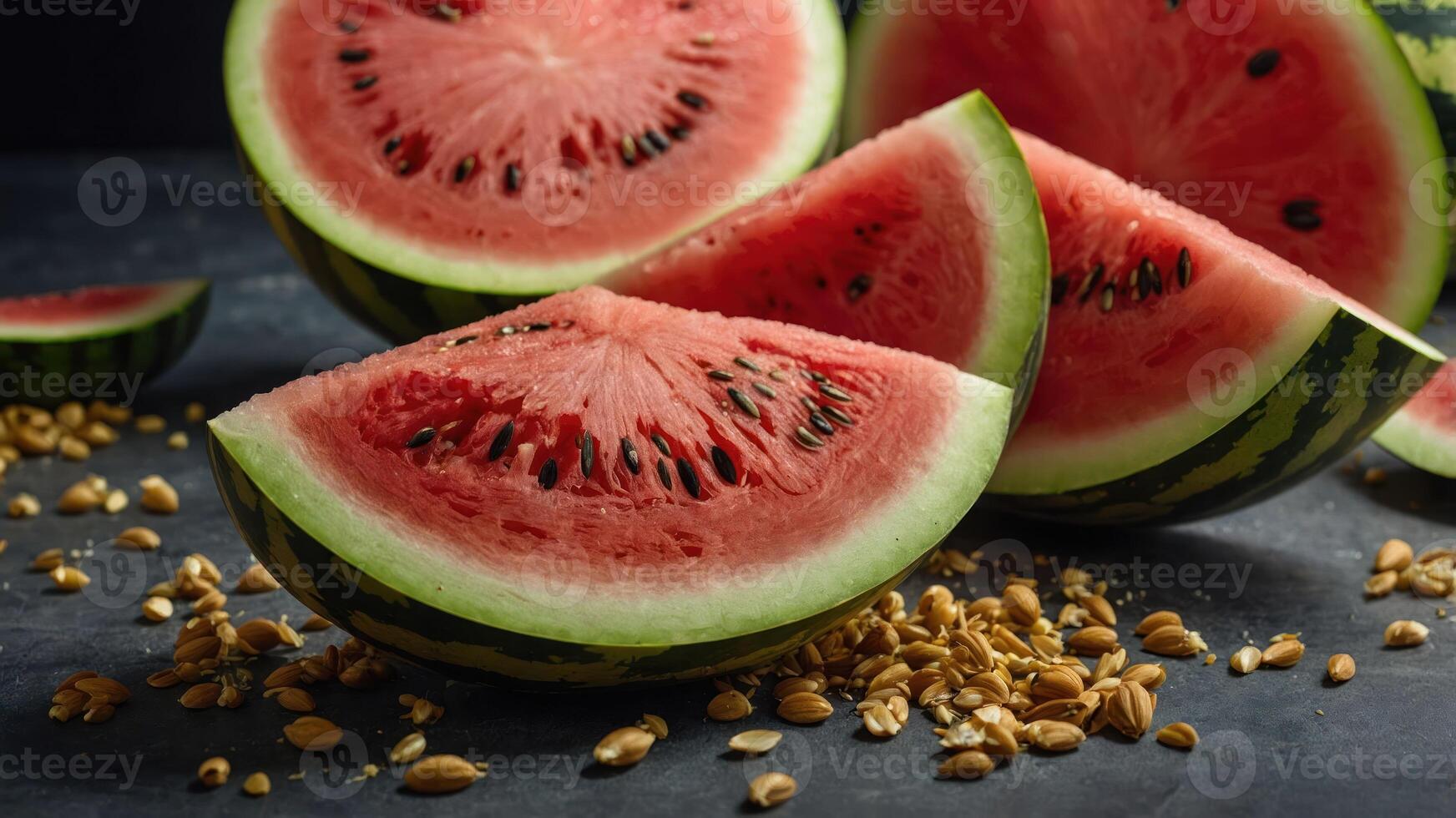 Fresh watermelon slices arranged with seeds on a dark surface. photo